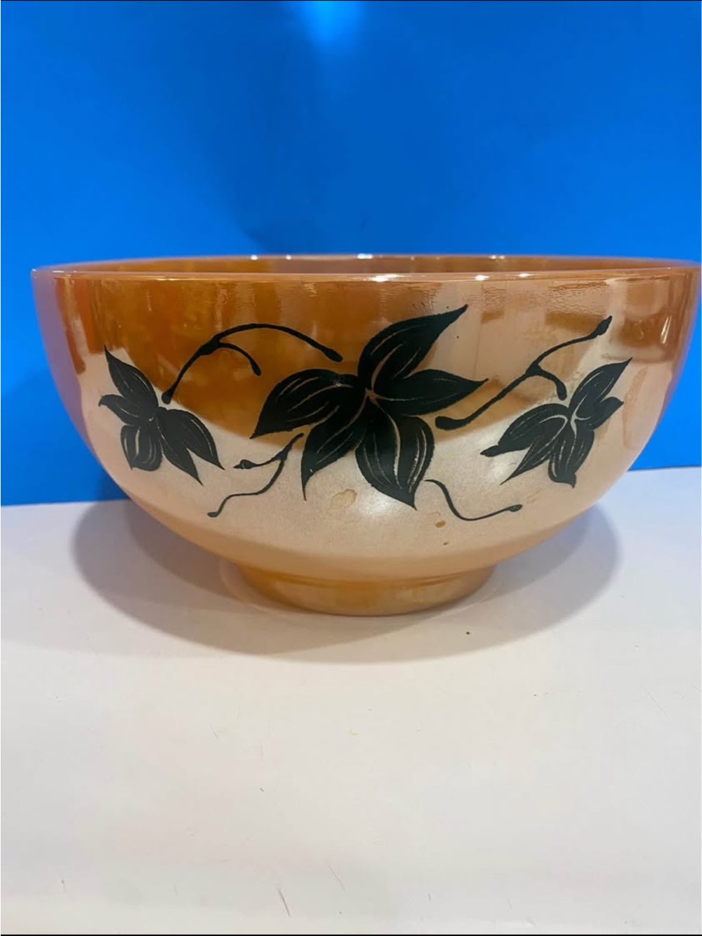 Vintage Fire King Peach Lustre Punch Bowl Black Ivy Leaf Anchor Hocking